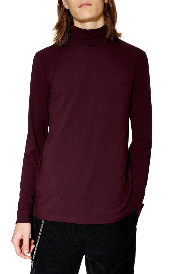 Men's Topman Jersey Turtleneck Long Sleeve T-shirt - Burgundy