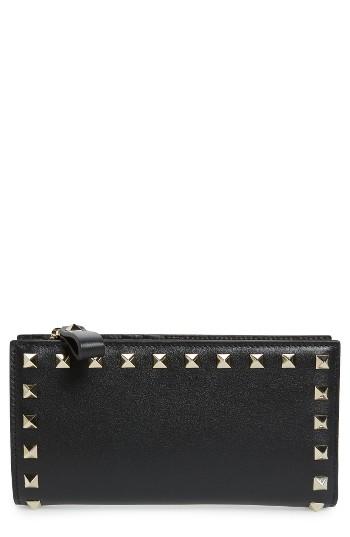 Women's Valentino Rockstud Continental Leather Wallet - Black
