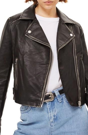 Women's Topshop Washed Wolf Zipper Moto Jacket Us (fits Like 0) - Black