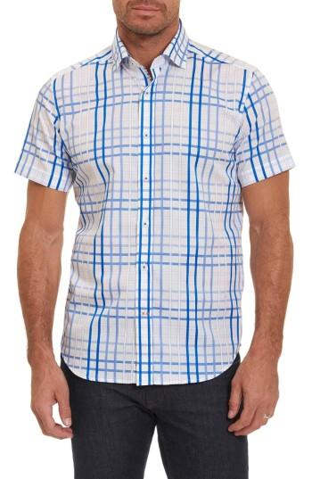 Men's Robert Graham Dax Tailored Fit Check Short Sleeve Linen Sport Shirt, Size - Blue