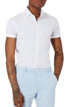 Men's Topman Slim Fit Geo Print Woven Shirt, Size - Beige