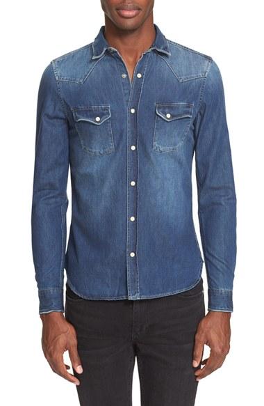 Men's The Kooples Trim Fit Washed Denim Western Shirt - Blue