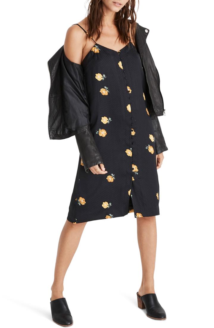 Women's Madewell Floating Florets Button Front Slipdress - Black