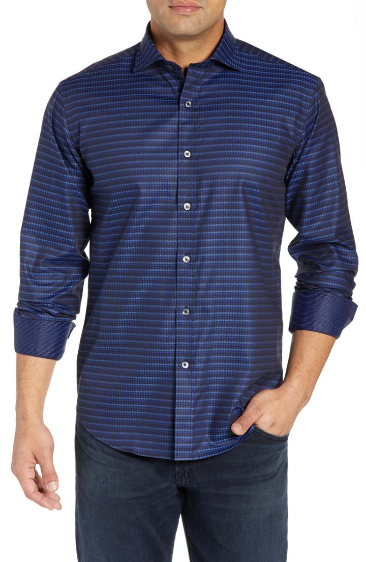 Men's Bugatchi Shaped Fit Houndstooth Stripe Sport Shirt - Blue