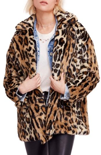 Women's Free People Kate Leopard Print Faux Fur Coat - Brown