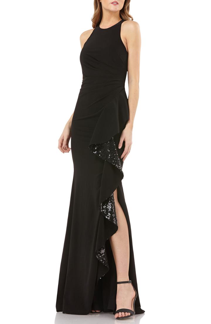 Women's Carmen Marc Valvo Infusion Sleeveless Sequin Cascade Ruffle Gown