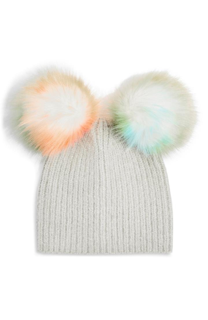 Women's Topshop Faux Fur Double Pompom Beanie - Grey