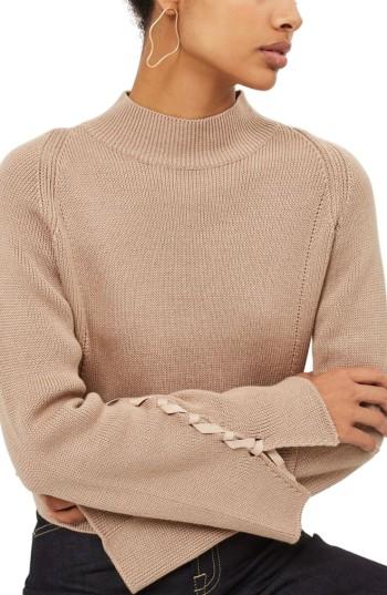Women's Topshop Lace Sleeve Funnel Neck Sweater Us (fits Like 2-4) - Beige