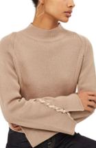 Women's Topshop Lace Sleeve Funnel Neck Sweater Us (fits Like 2-4) - Beige