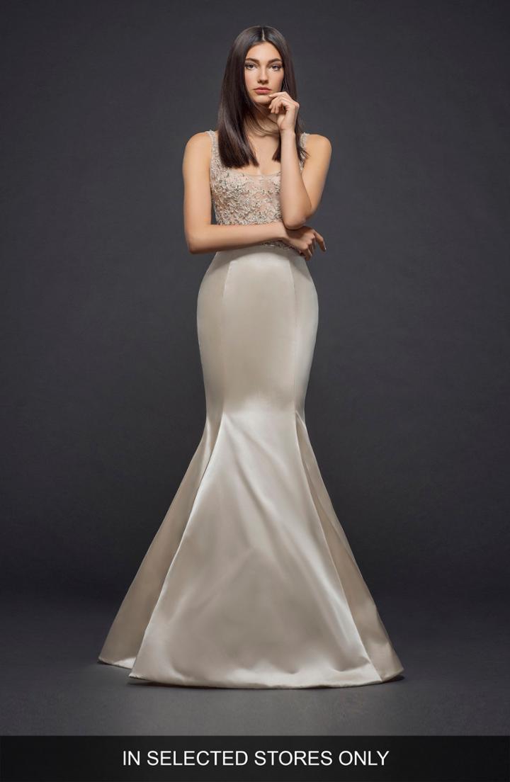 Women's Lazaro Beaded Bodice Satin Mermaid Gown, Size - Ivory