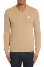 Men's Comme Des Garcons White Heart Wool V-neck Sweater - Beige