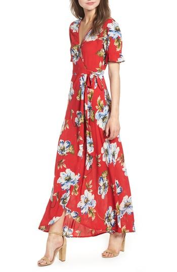 Women's Band Of Gypsies Blue Moon Floral Print Wrap Dress - Red