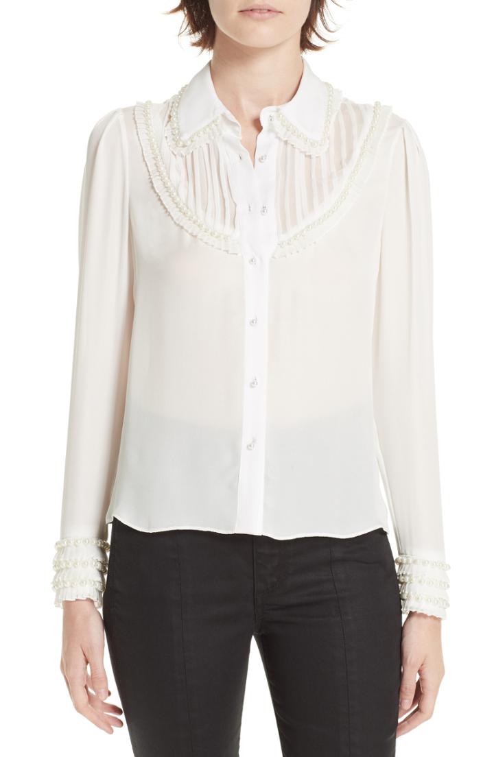 Women's Alice + Olivia Noreen Embellished Pintuck Yoke Silk Blouse