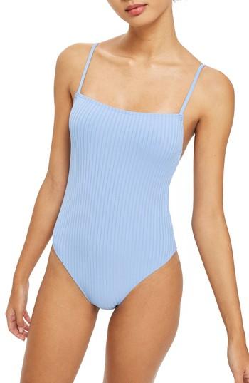Women's Topshop Straight Ribbed One-piece Swimsuit Us (fits Like 6-8) - Blue