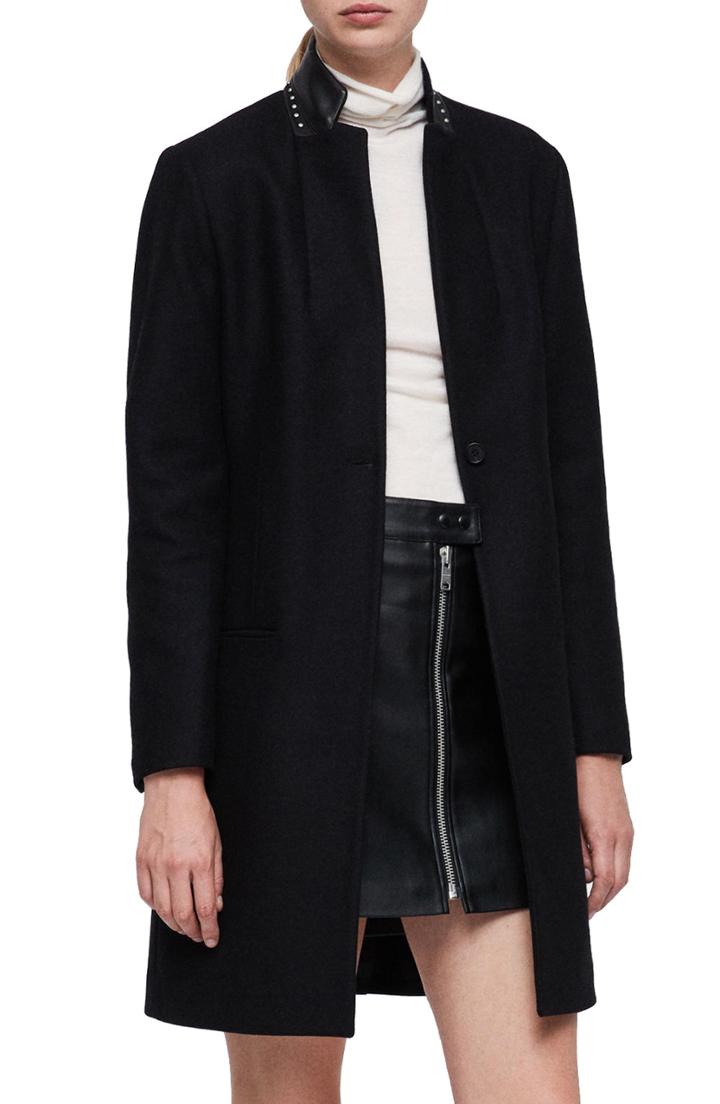 Women's Allsaints Leni Stud Trim Leather Collar Coat - Black