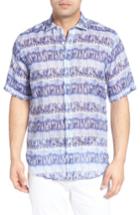 Men's Bugatchi Shaped Fit Print Linen Sport Shirt, Size - Blue