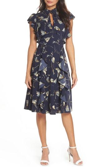 Women's Chelsea28 Ruffle Front Print A-line Dress - Blue