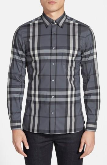 Men's Burberry Nelson Check Sport Shirt, Size - Grey