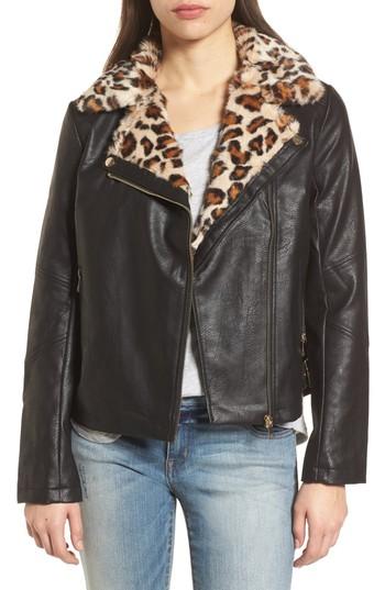 Women's Dorothy Perkins Faux Leather Biker Jacket With Faux Fur Trim Us / 8 Uk - Black