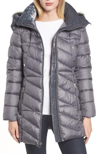 Women's Marc New York Faux Fur Trim Puffer Jacket - Grey