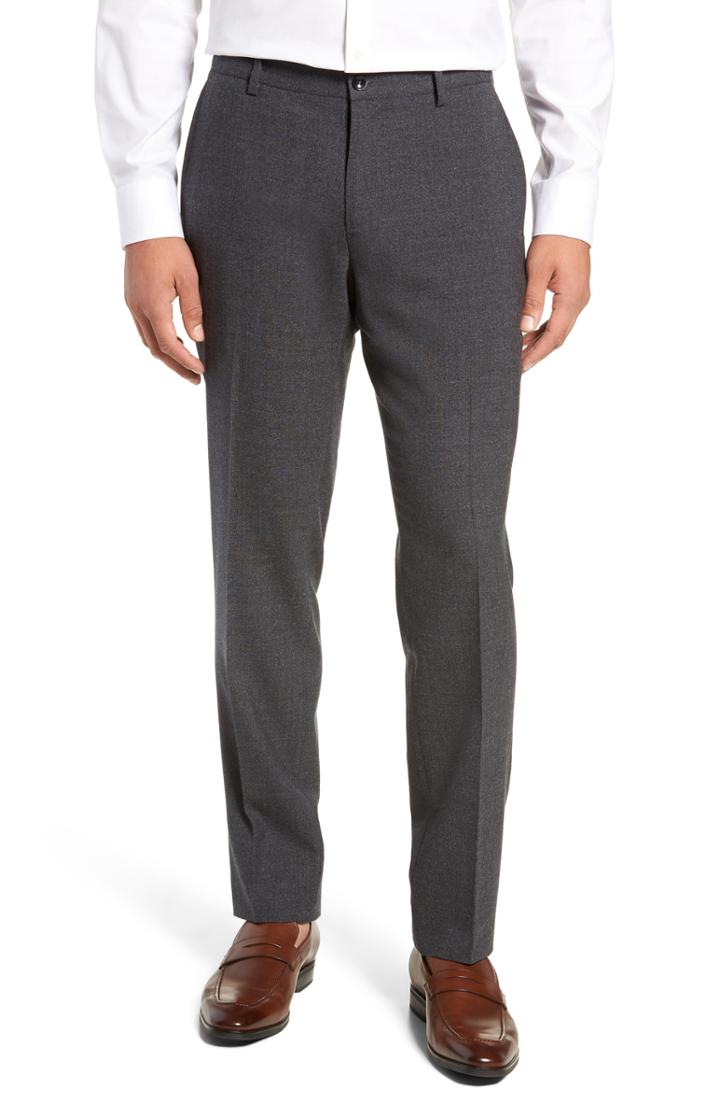 Men's Nordstrom Signature Trim Fit Flat Front Solid Wool Trousers - Black