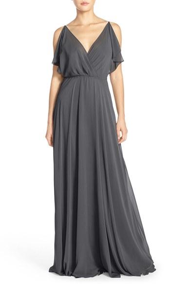 Women's Jenny Yoo Cassie Flutter Sleeve Chiffon A-line Gown - Grey