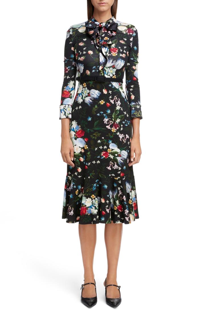 Women's Erdem Floral Ponte Jersey Tie Neck Dress