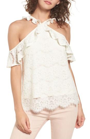 Women's Love, Fire Cross Neck Lace Cold Shoulder Top - White