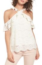 Women's Love, Fire Cross Neck Lace Cold Shoulder Top - White