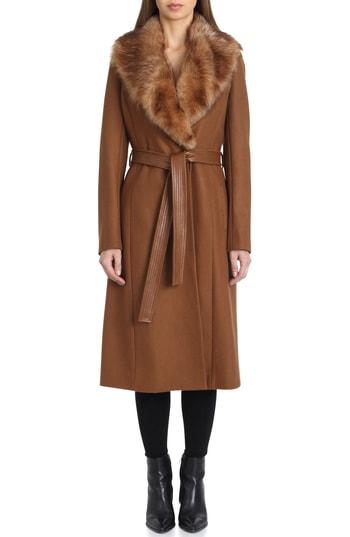 Women's Badgley Mischka Wrap Coat With Genuine Lamb Fur Collar - Brown