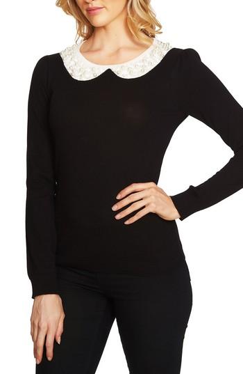 Women's Cece Embellished Intarsia Collar Sweater, Size - Black