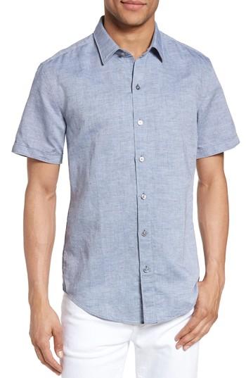Men's Boss Robbie Slim Fit Linen & Cotton Shirt, Size - Blue