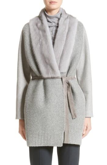 Women's Fabiana Filippi Ribbed Front Cashmere Jacket With Genuine Mink Fur Trim Us / 40 It - Grey
