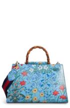 Gucci Large Nymphaea New Flora Print Leather Top Handle Tote - Blue