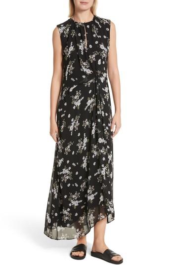 Women's Vince Tossed Floral Side Drape Silk Maxi Dress - Black