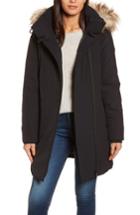 Women's Dkny Hooded Water Resistant Stretch Parka With Faux Fur Trim - Black
