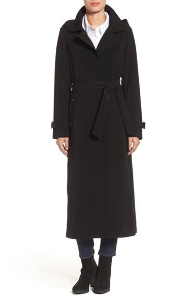 Petite Women's Gallery Belted Long Nepage Raincoat With Detachable Hood & Lining
