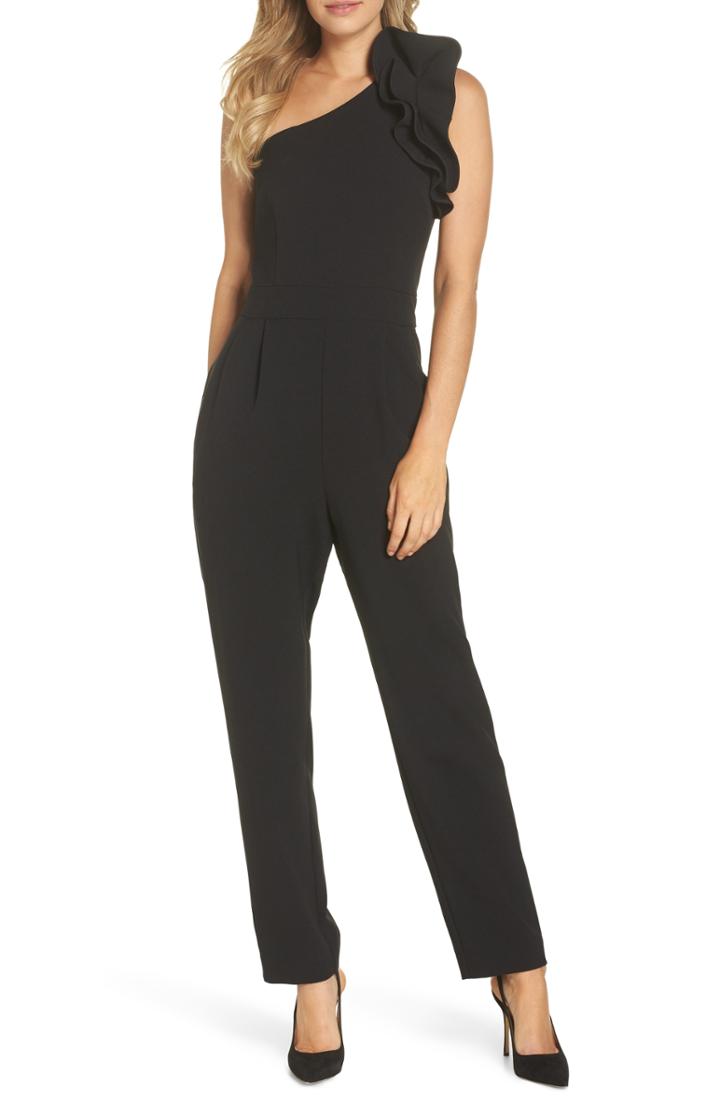 Women's Eliza J One-shoulder Ruffle Jumpsuit (similar To 14w) - Black