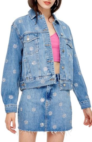 Women's Topshop Diamante Sport Denim Jacket Us (fits Like 0) - Blue
