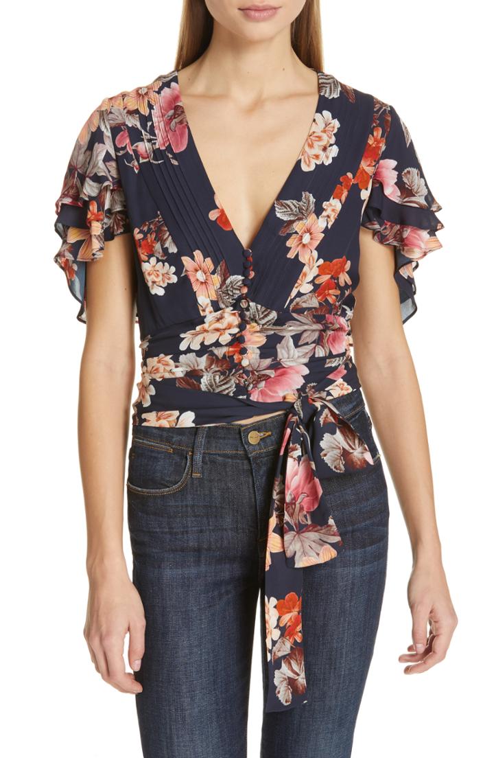 Women's Nicholas Floral Print Layered Silk Crop Top - Blue