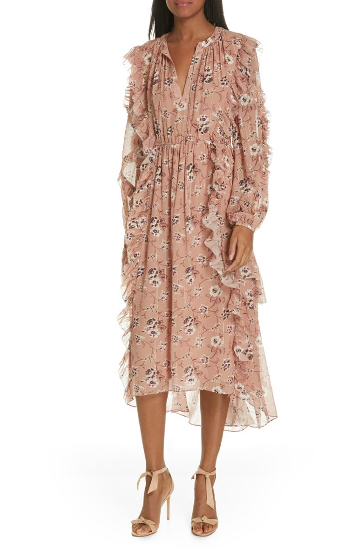Women's Ulla Johnson Ellette Floral Print Silk Blend Midi Dress - Brown