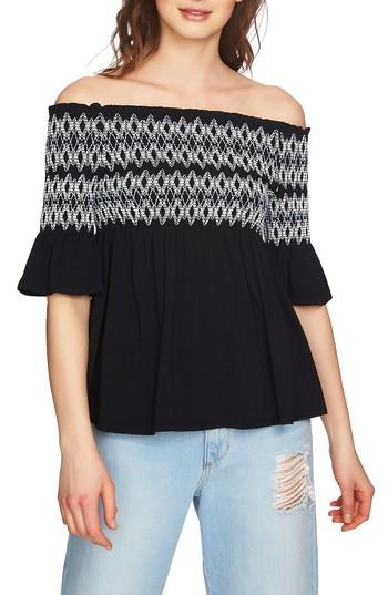 Women's 1.state Embroidered Smocked Off The Shoulder Top - Black