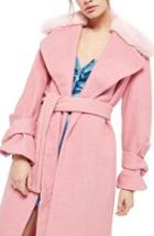 Women's Topshop Faux Fur Collar Belted Wool Blend Coat Us (fits Like 0) - Pink