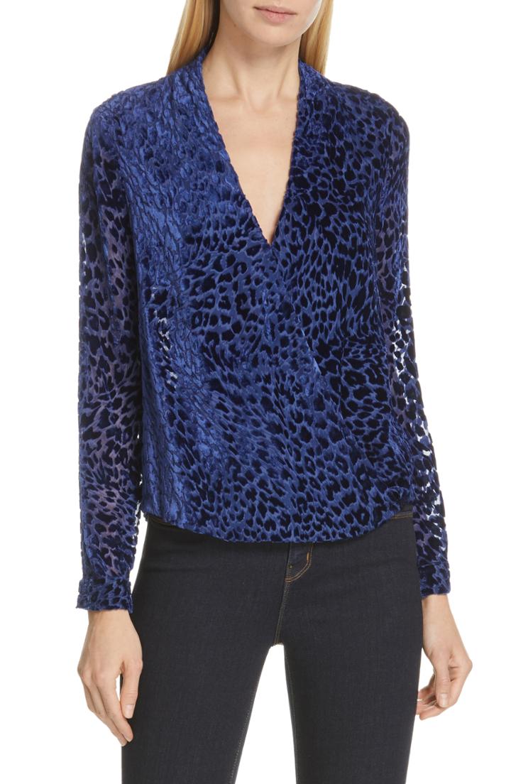 Women's L'agence Lydia Drape Front Burnout Velvet Blouse - Blue
