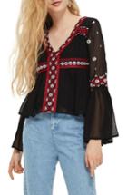 Women's Topshop Embroidered Flute Sleeve Top Us (fits Like 0) - Black