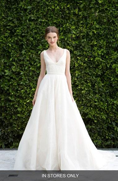 Women's Bliss Monique Lhuillier Scoop Neck Ruched Waist Lace & Tulle Ballgown