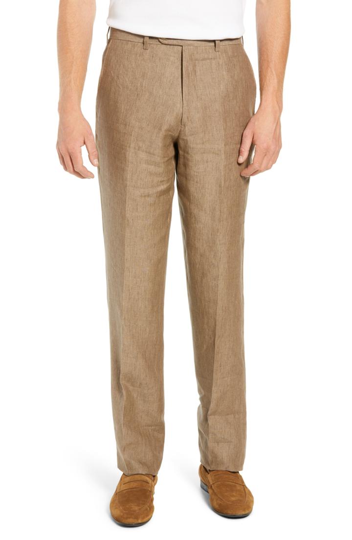 Men's John W. Nordstrom Torino Flat Front Solid Linen Trousers - Beige