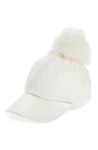 Women's Evelyn K Faux Leather Cap With Faux Fur Pompom - White