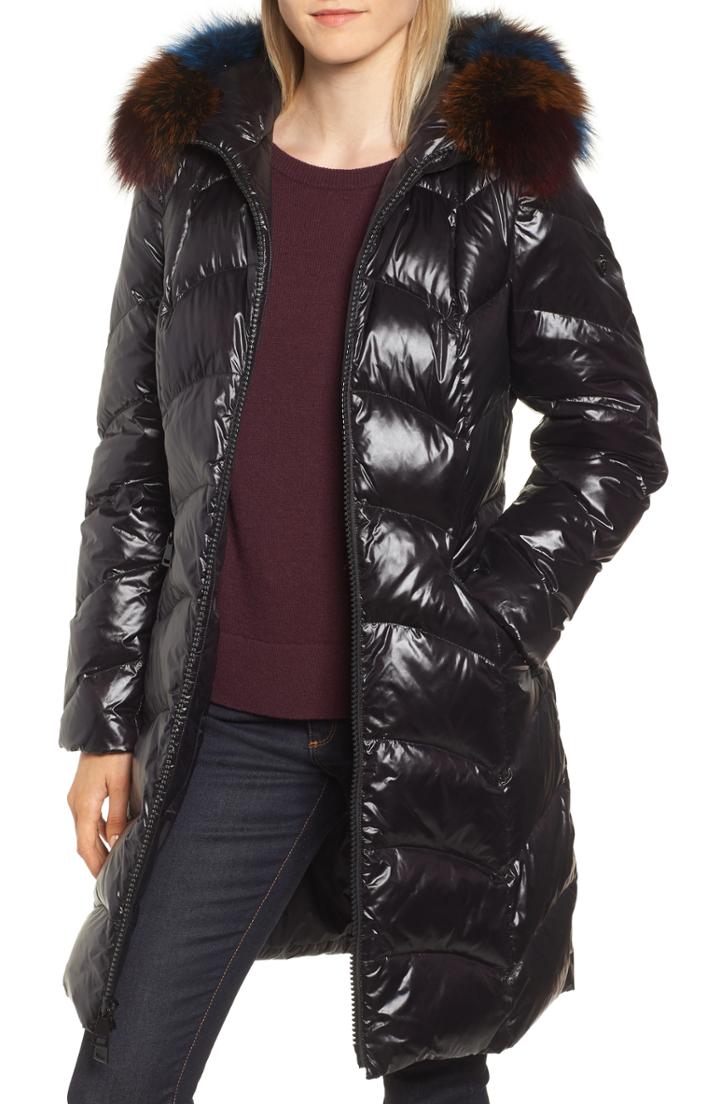 Women's 1 Madison Water Repellent Down & Feather Coat With Genuine Fox Fur Trim - Black