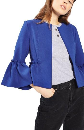 Women's Topshop Ruffle Crop Jacket Us (fits Like 0) - Blue
